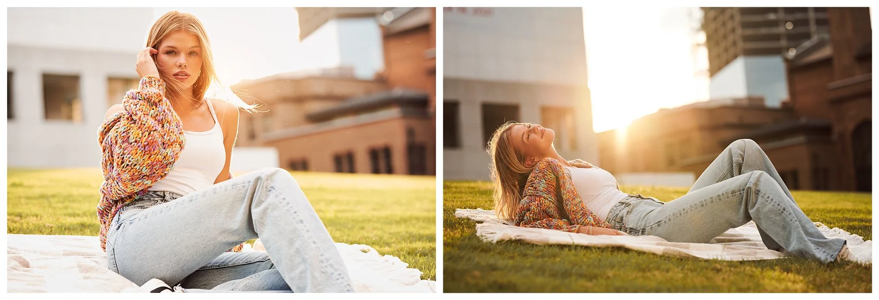 Fashion-inspired senior portrait collage of a high school senior posing and relaxing on a blanket in a colorful cardigan during a golden-hour senior photography session in Peachtree City, Georgia.