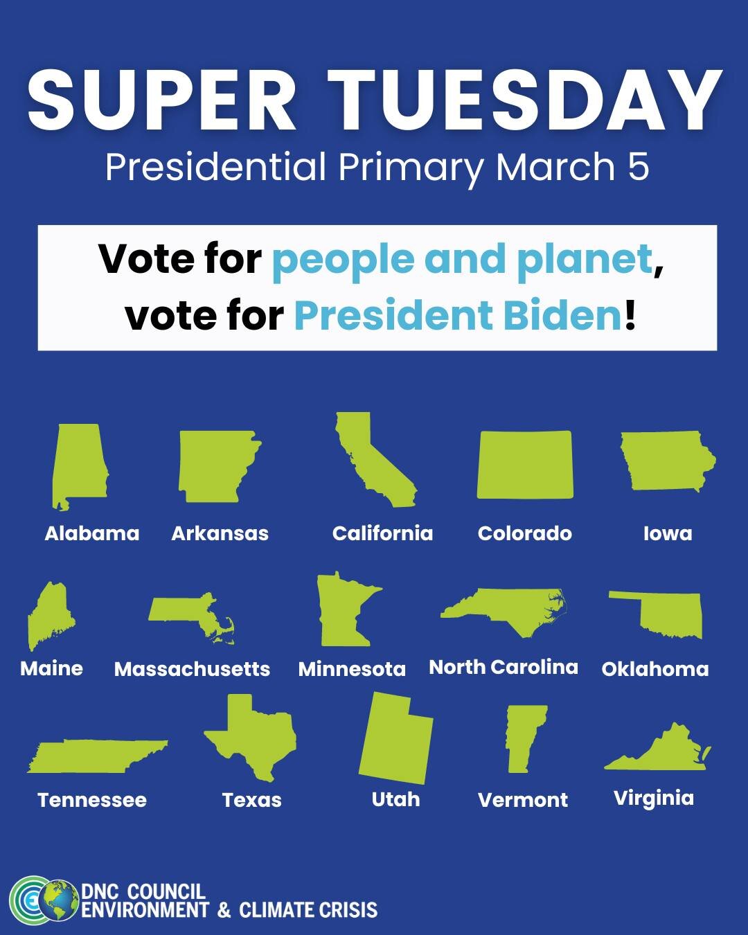 🗳️15 Presidential Primaries for Dems on Super Tuesday!

Vote early if you can &mdash; get voting info here: IWillVote.com
.
.
.
.
#SuperTuesday #Environment #ClimateDems #VoteBlue #VoteEarly #BidenHarris #ClimateVoters
@AlabamaDemocrats @ArkDems @CA