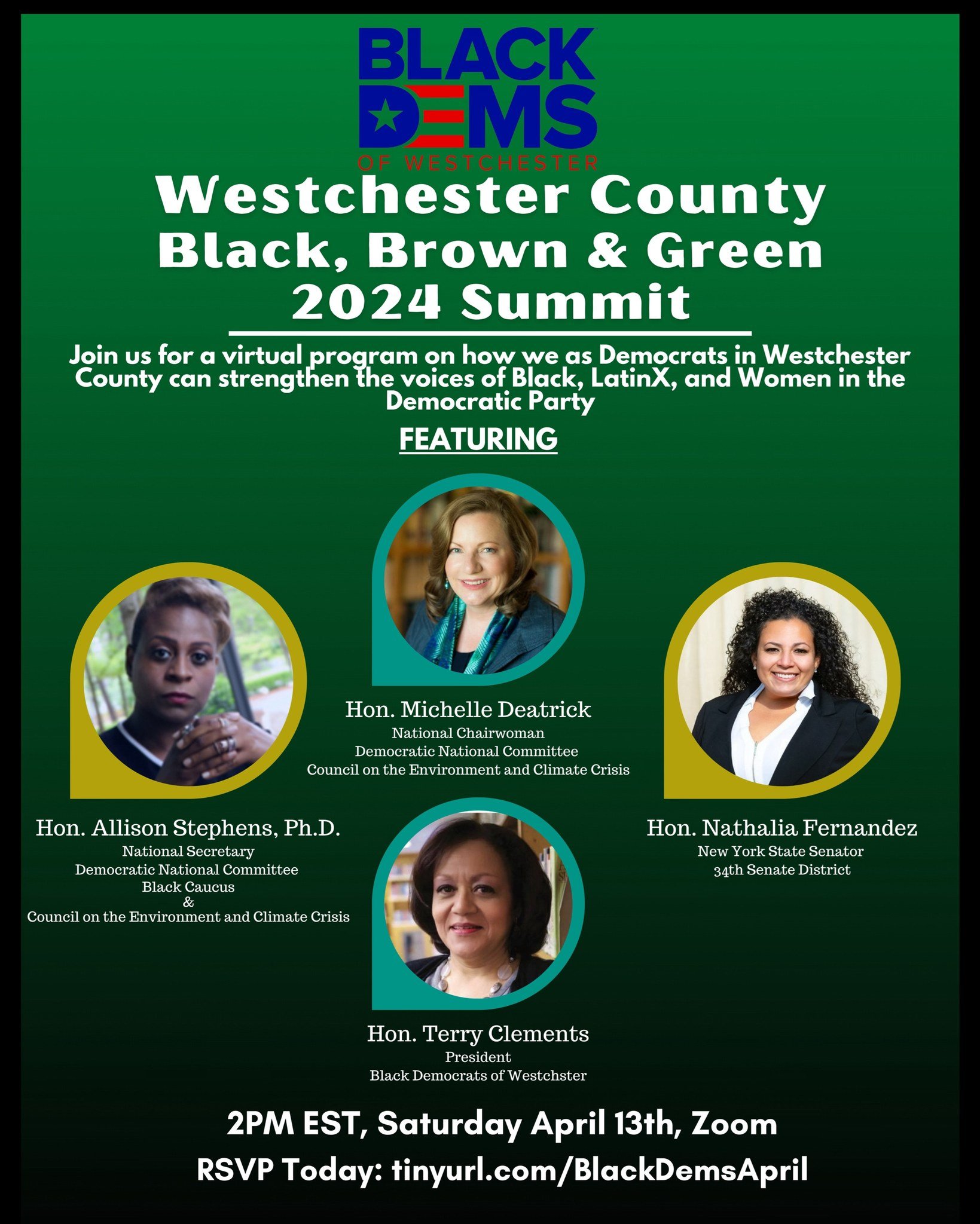 Join this great panel uplifting Black, Latinx, and women leading on climate in the Democratic Party! April 13 at 2pm ET. Host: The Black Democrats of Westchester County.

With DNC Climate Council Chair Michelle Deatrick, NY Senator Nathalia Fernandez