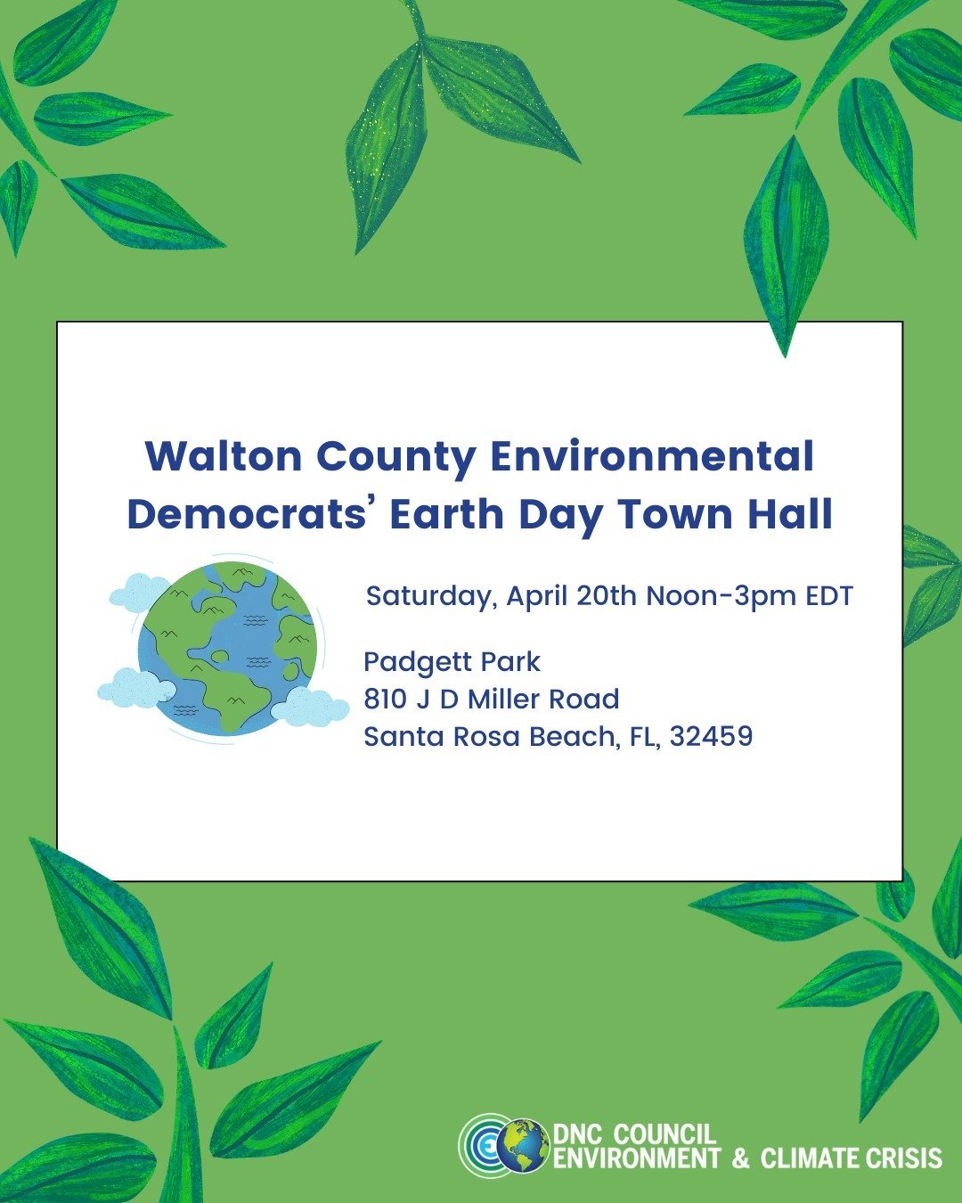 🌎 Celebrate Earth Day early with the Democratic Environmental Caucus of Walton County, Florida! Join them on April 20th from 12-3pm EDT! 

♻️ At this event, you'll hear from Michael Beedie, Senior Manager for Government Affairs at Waste Management, 