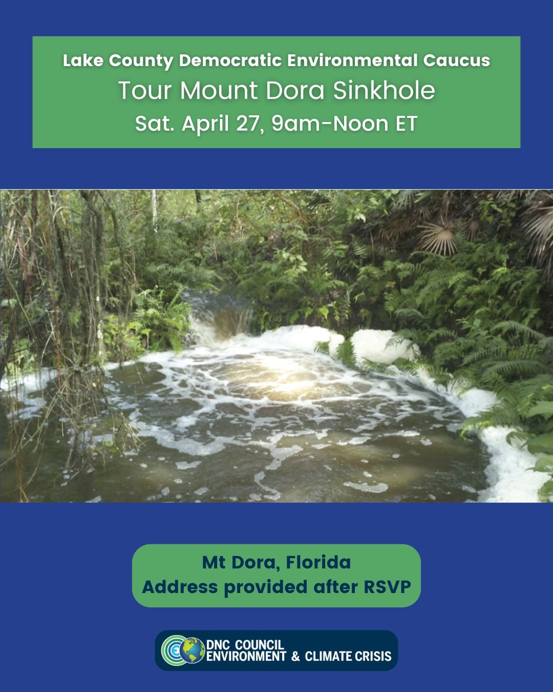 ☀️ 🌴 The Lake County Democratic Environmental Caucus is offering an exclusive tour of a sinkhole in Mt. Dora, Florida! Join them April 27th, 9am-12pm ET to explore this environmentally sensitive area, witness the active sinkhole, and catch a glimpse