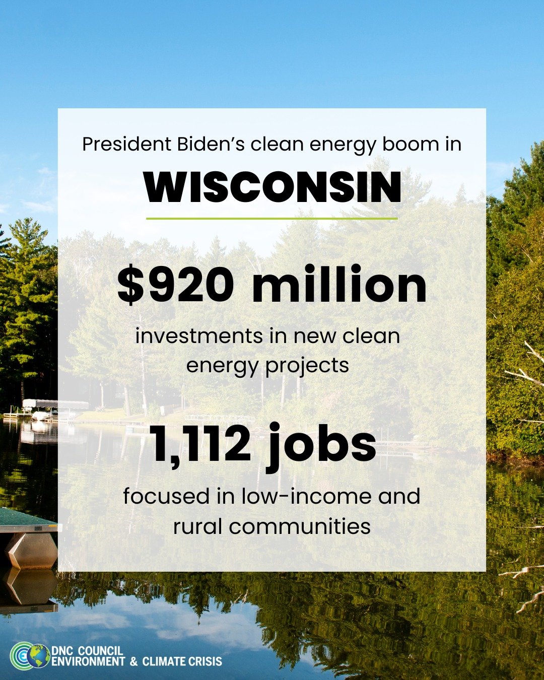 President Biden is leading the clean energy transition, and states are seeing the benefits!⚡

Wisconsin: $920 million in new clean energy project investments and 1,112 jobs &mdash; and counting. A just transition helps us all thrive &ndash; people, c