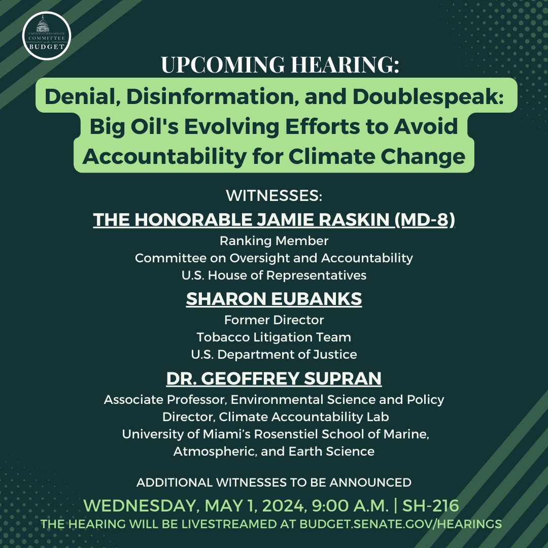 📢 Join Senator Whitehouse and his Senate Budget Committee on Wednesday, May 1st, at 9am ET for a vital hearing on &ldquo;Denial, Disinformation, and Doublespeak: Big Oil&rsquo;s Evolving Efforts to Avoid Accountability for Climate Change.&rdquo; Hol