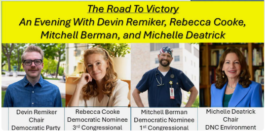 Graphic titled “The Road to Victory: An Evening With Devin Remiker, Rebecca Cooke, Mitchell Berman, and Michelle Deatrick,” showing headshots of the four speakers with their names and titles.