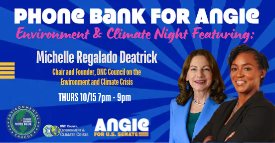 Graphic with dark and medium blue starburst pattern with photos of Angie Nixon, a Black woman smiling and wearing a black blazer, and Michelle Deatrick, a white woman, wearing a blue blazer. Logos .