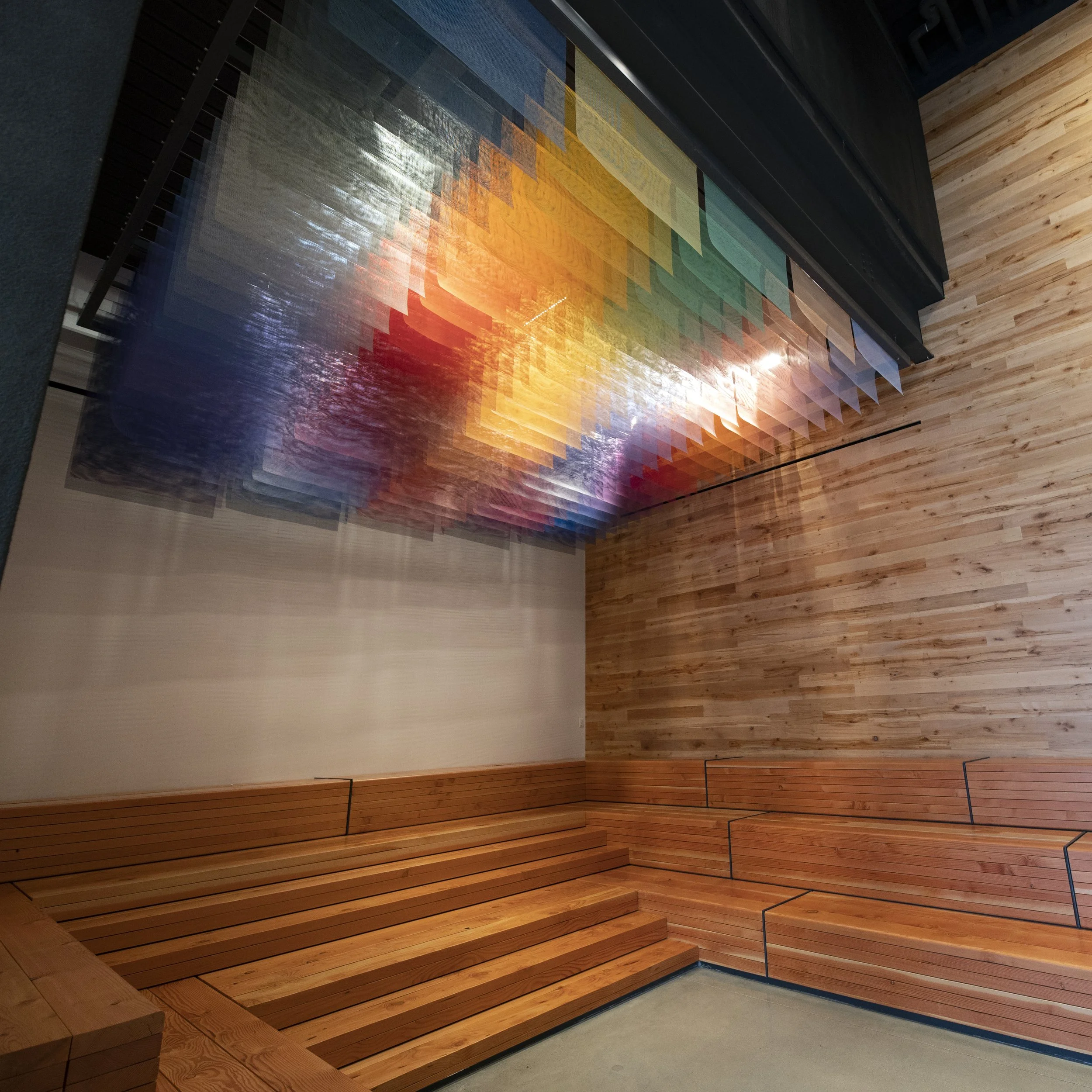 Layered mesh ceiling installation by artist Tomislav Topic displayed in the Boston Amazon headquarters.