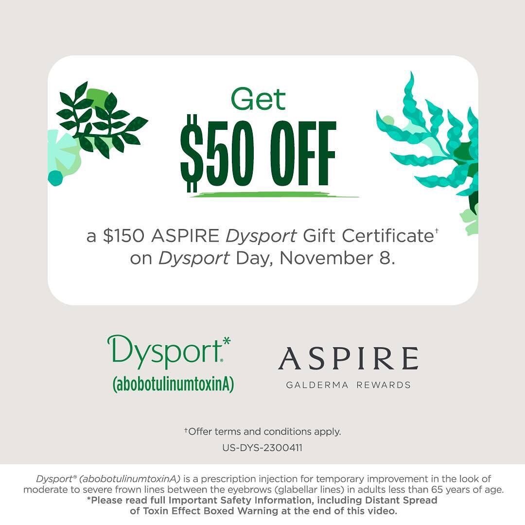 ✨ Dysport Day 11/8/23 ✨

You can purchase a gift certificate of $150 for only $100 on the Aspire app. Starts Wednesday 11/8/23 at 10 am. 

DM us if you have questions!