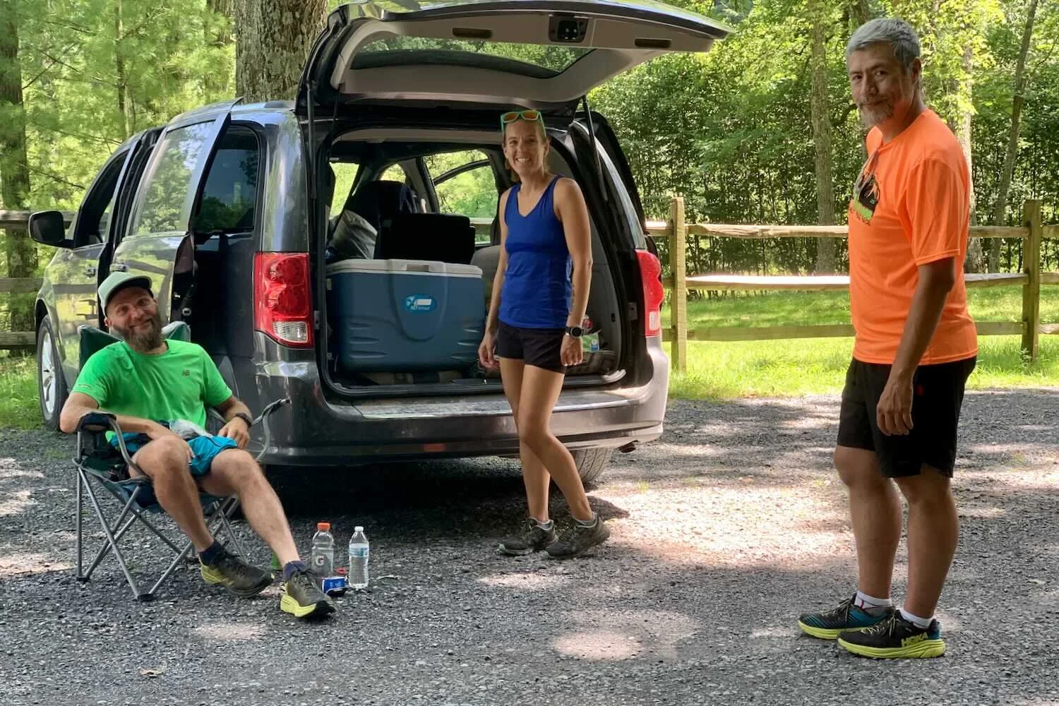 Eric, Becky, and Ben — mobile aid station stop in Penn Roosevelt State Park