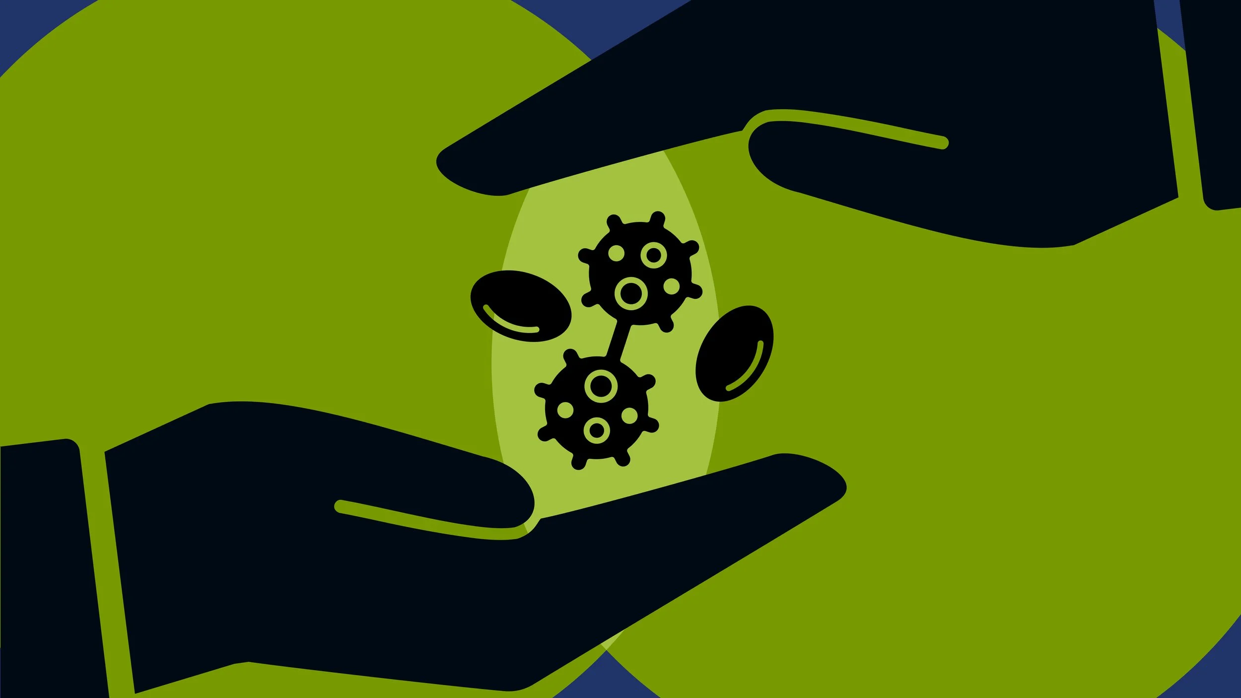 Graphic of venn-diagram style green circles. Hands, one of from each side of the graphic sandwich the center where there are blood cells and cancer cells.