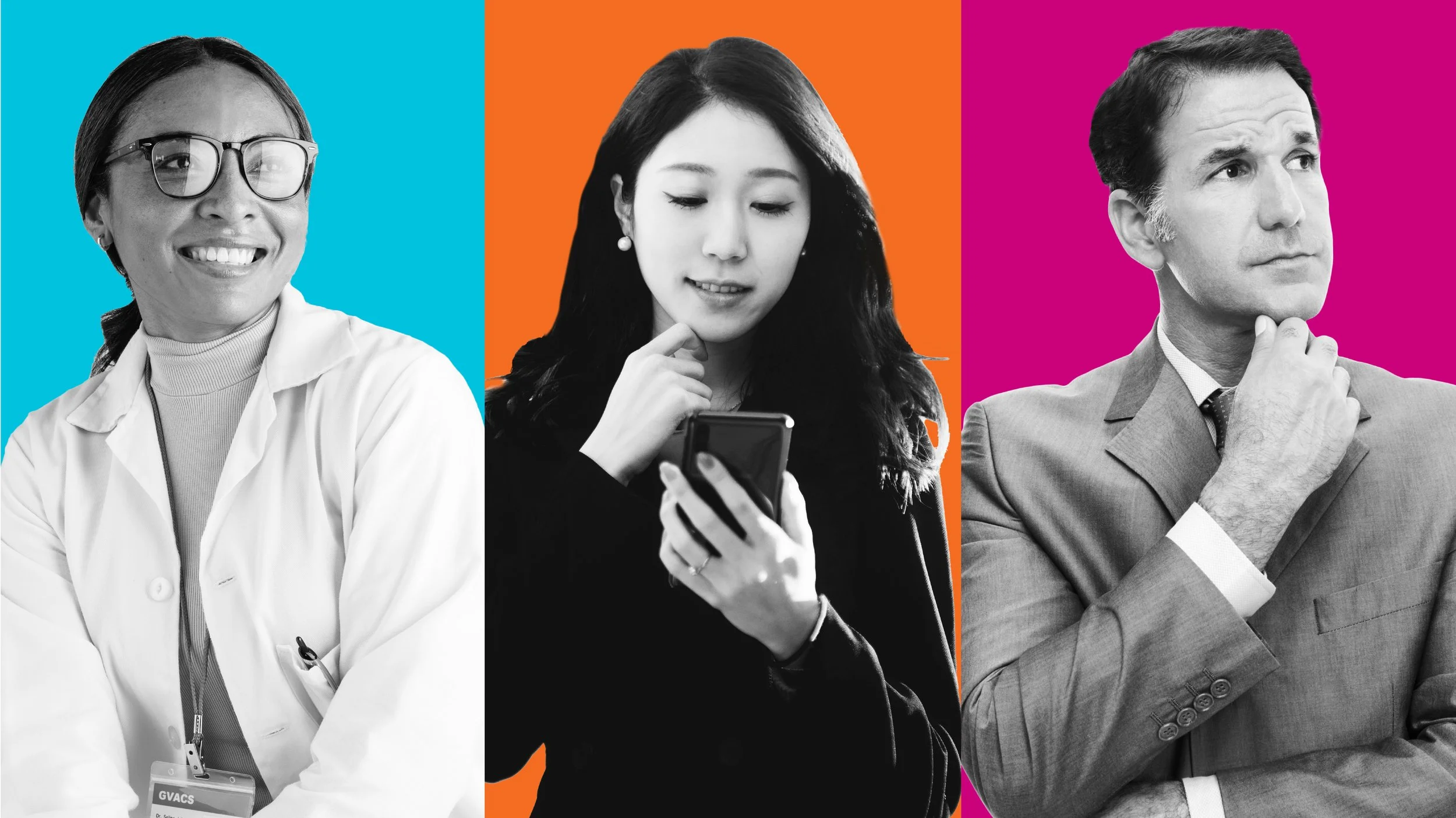 Three sections - left is blue background with female healthcare professional, middle is orange background with young asian woman looking at phone, and right is pink background with middle-aged male in business attire looking off to the side
