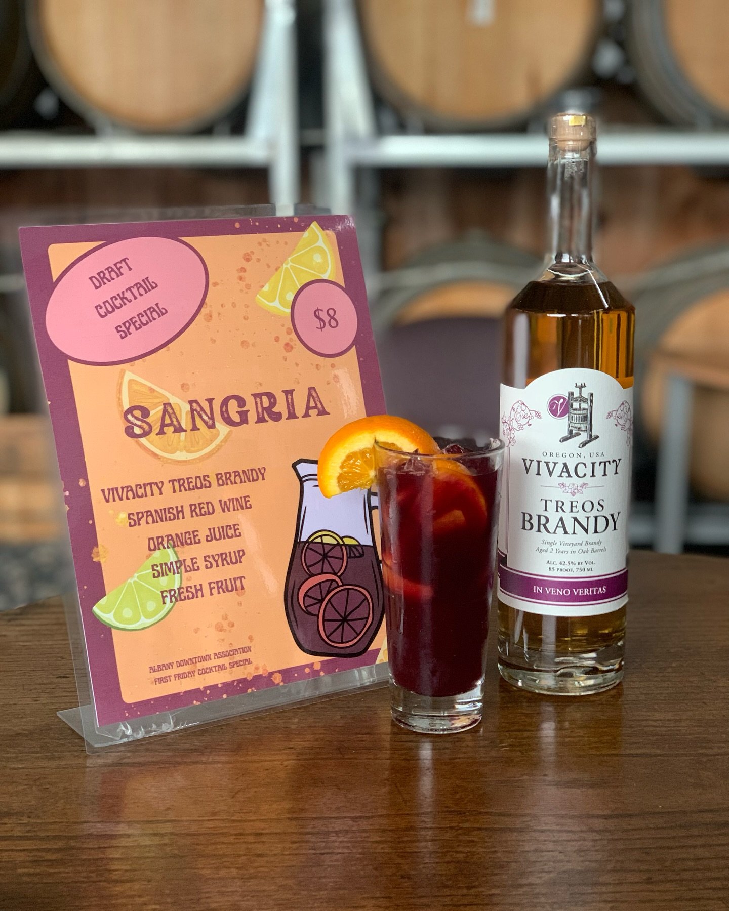 This weeks draft cocktail special is Red Wine Sangria. Made with Spanish wine and Vivacity Treos Brandy. Make sure to stop in this Friday after the Albany Downtown wine walk to try this refreshing wine cocktail.