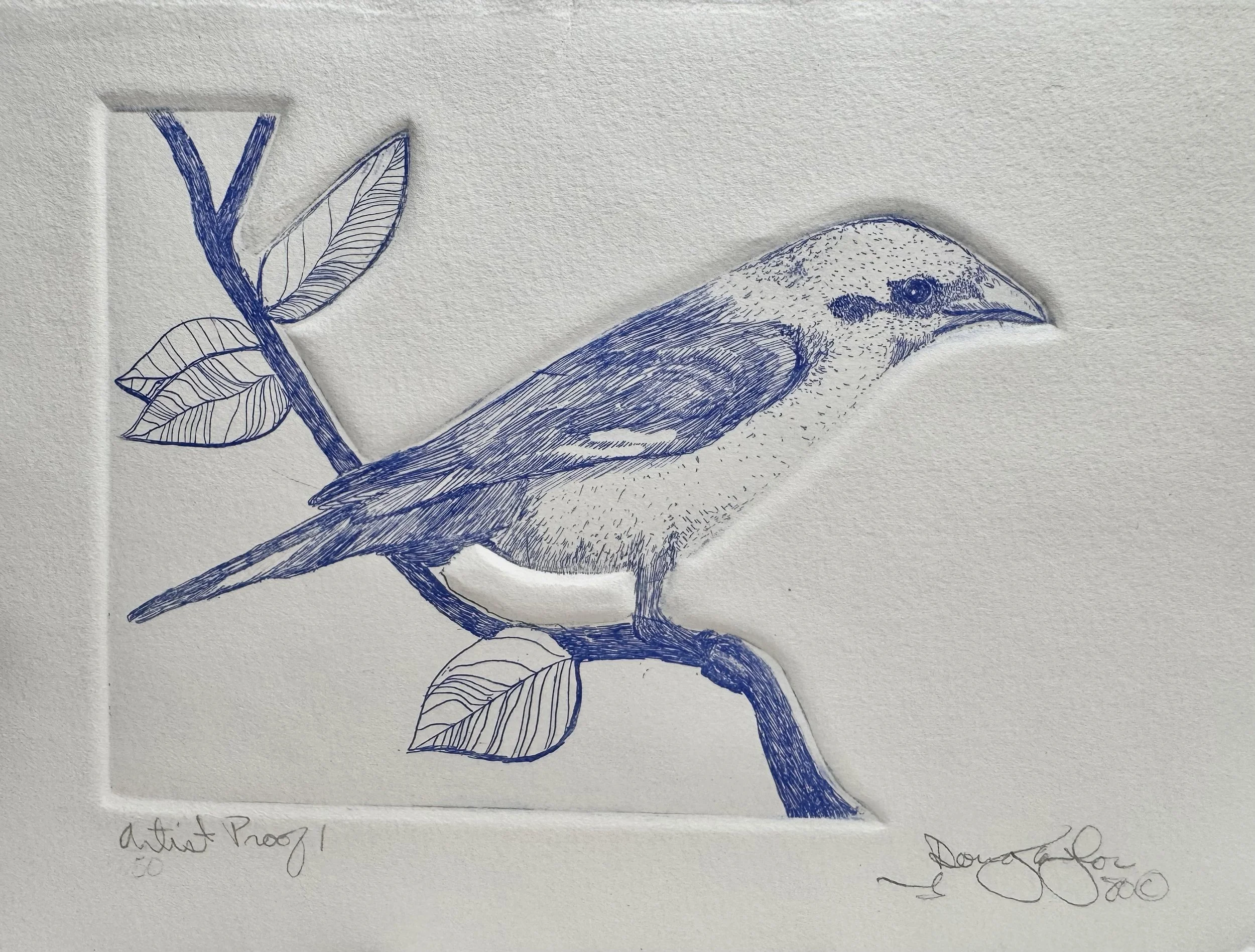 Blue Note Bird hand printed line etching by Douglas E Taylor