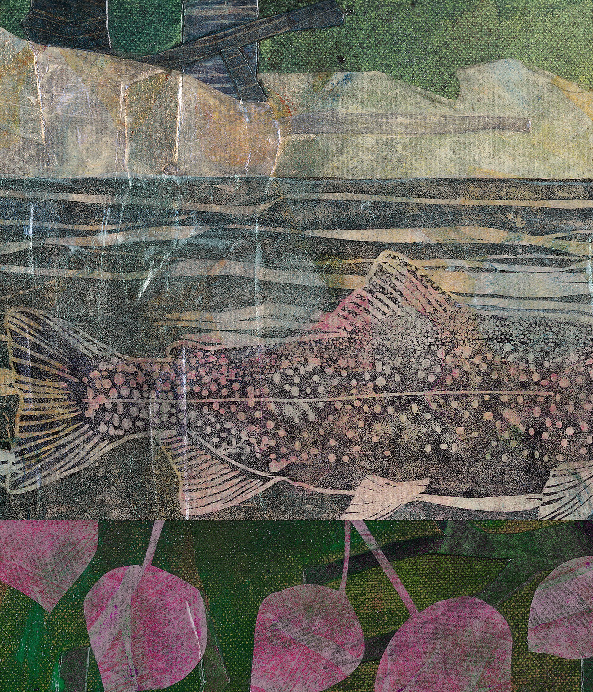 a detail of WATER - trout, part of the four element series, a digital canvas print of an original mixed media art by Douglas E Taylor