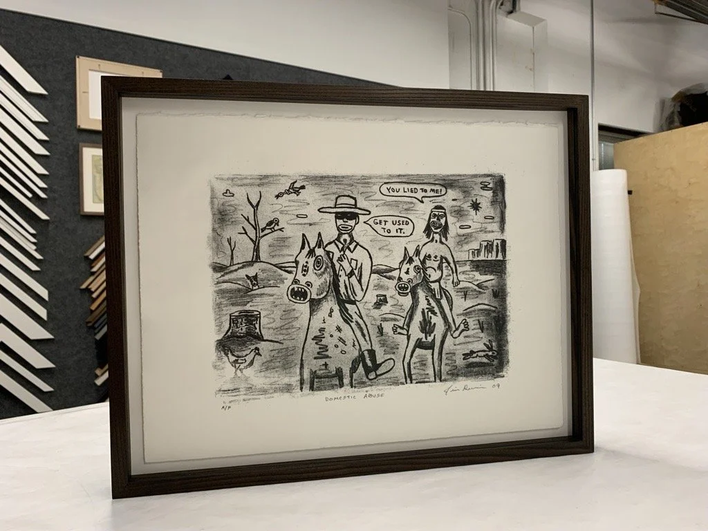 Custom built Artserve Frame for fine art print, with frame samples in background