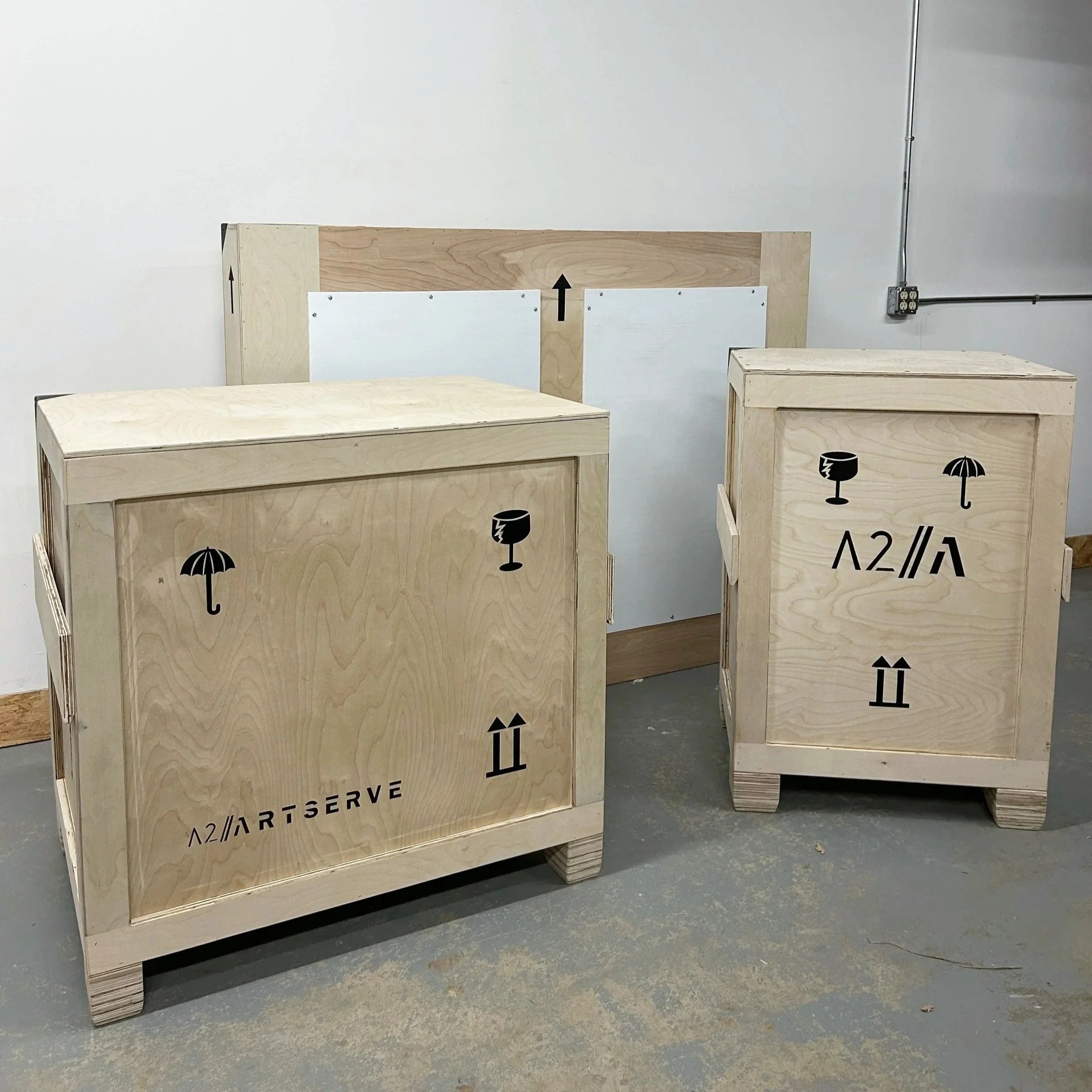 Two custom fine art crates and one travel frame built by Artserve in our NE Minneapolis shop