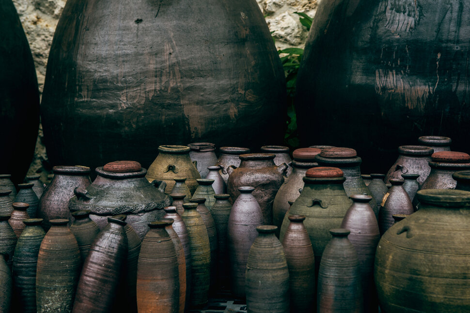 The kame (clay vessel), that houses the Awmori during the aging process.