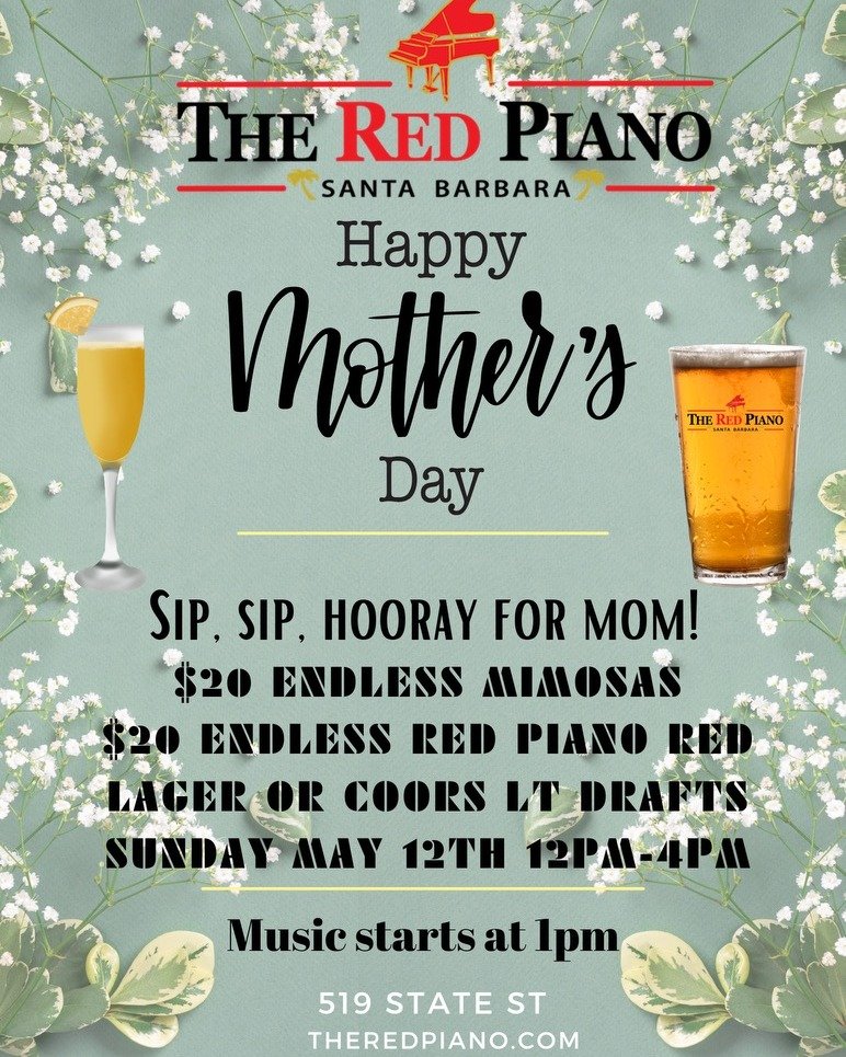 Bring Mom for bottomless mimosas and live music for Mother's Day this Sunday! We start music at 1pm with @noeltsoukalas followed by@jasonlibs at 4pm and @sarahangelmusic at 7pm for her last night of this contract. Celebrate Mom with us!