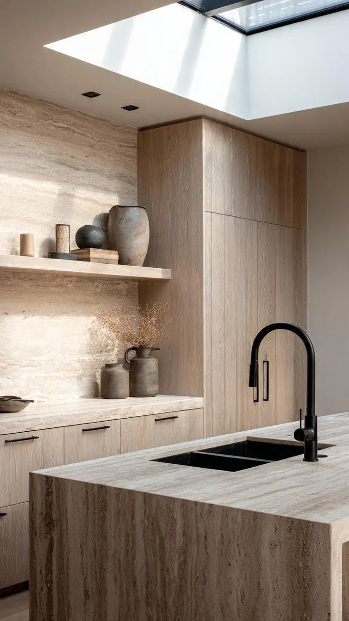 Overhead lighting bathes the textured surface, making the island appear meticulously sculpted from a single block of natural stone. It offers a fresh, sophisticated, and deeply inviting atmosphere.