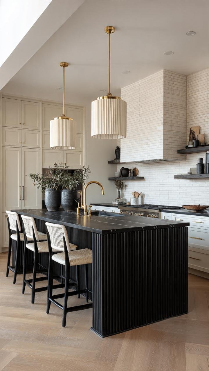Bright kitchen with a contrasting black island and white upper cabinets.