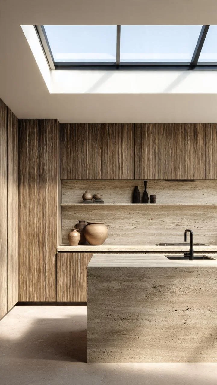 This layout is characterized by geometric purity. It features a backdrop of vertical wood slats or panels that add visual rhythm and continuity, contrasting flawlessly with the heavily textured travertine.