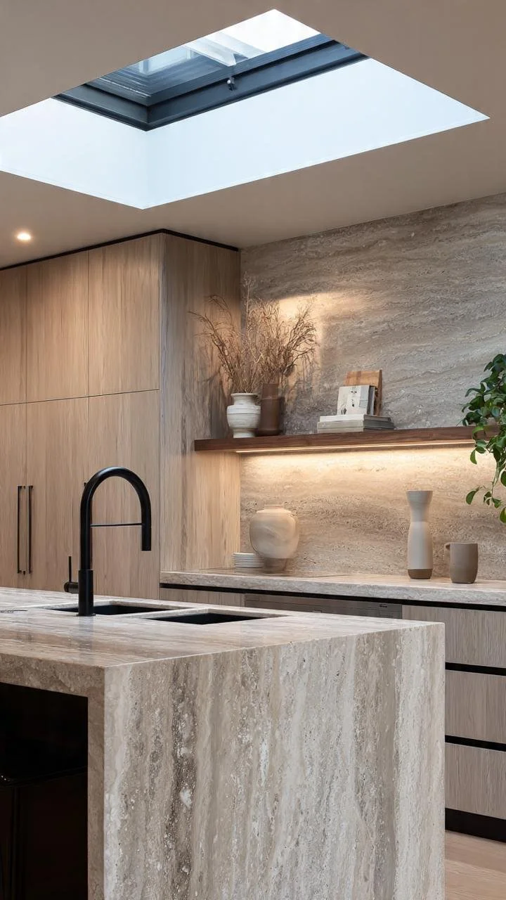 The design centers around an imposing island with waterfall edges that highlight the organic texture and pores of the travertine. Open shelves display handcrafted ceramics under direct sunlight from the skylight.