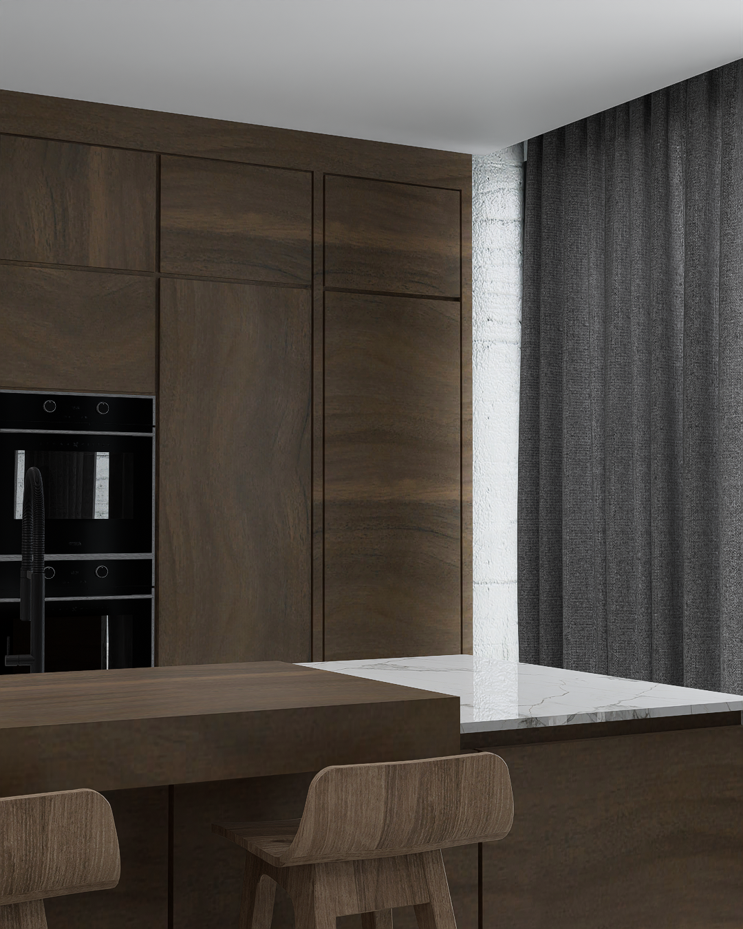 "Beyond minimalism: How the fusion of monolithic stone and walnut dictates the tempo of a modern home."