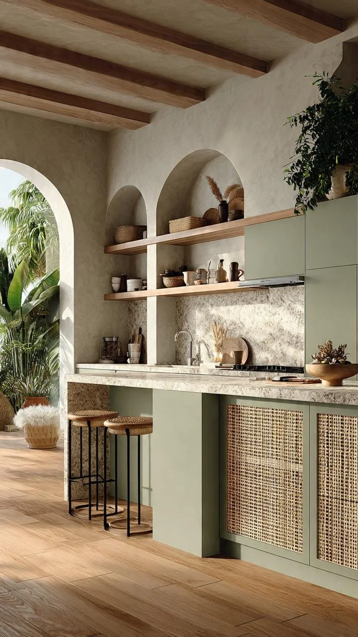 "10 Stunning Kitchens Embracing the Woven Cane Trend: Wicker Details for Modern Living"