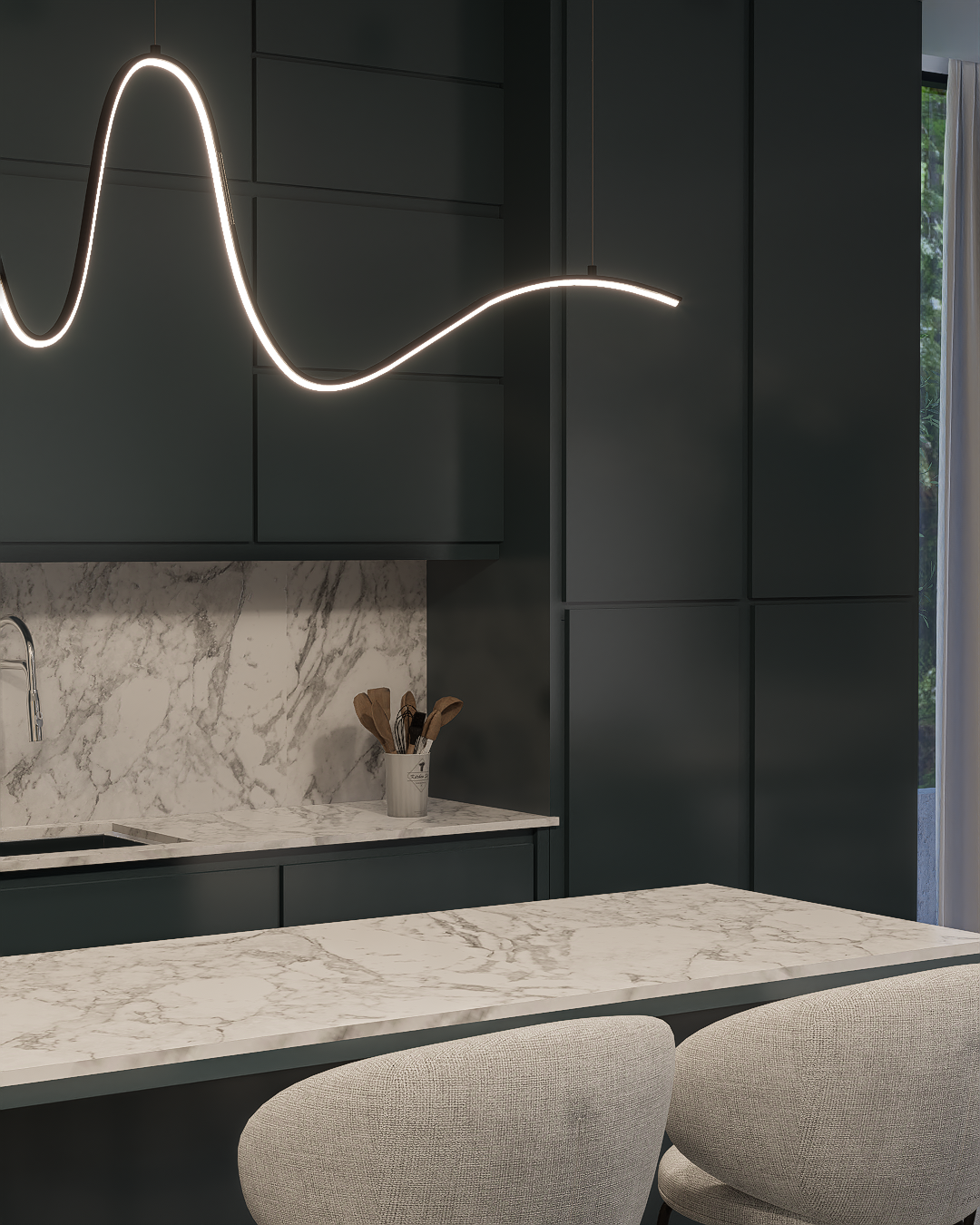 Contemporary Petroleum Blue Kitchen + Carrara Marble
