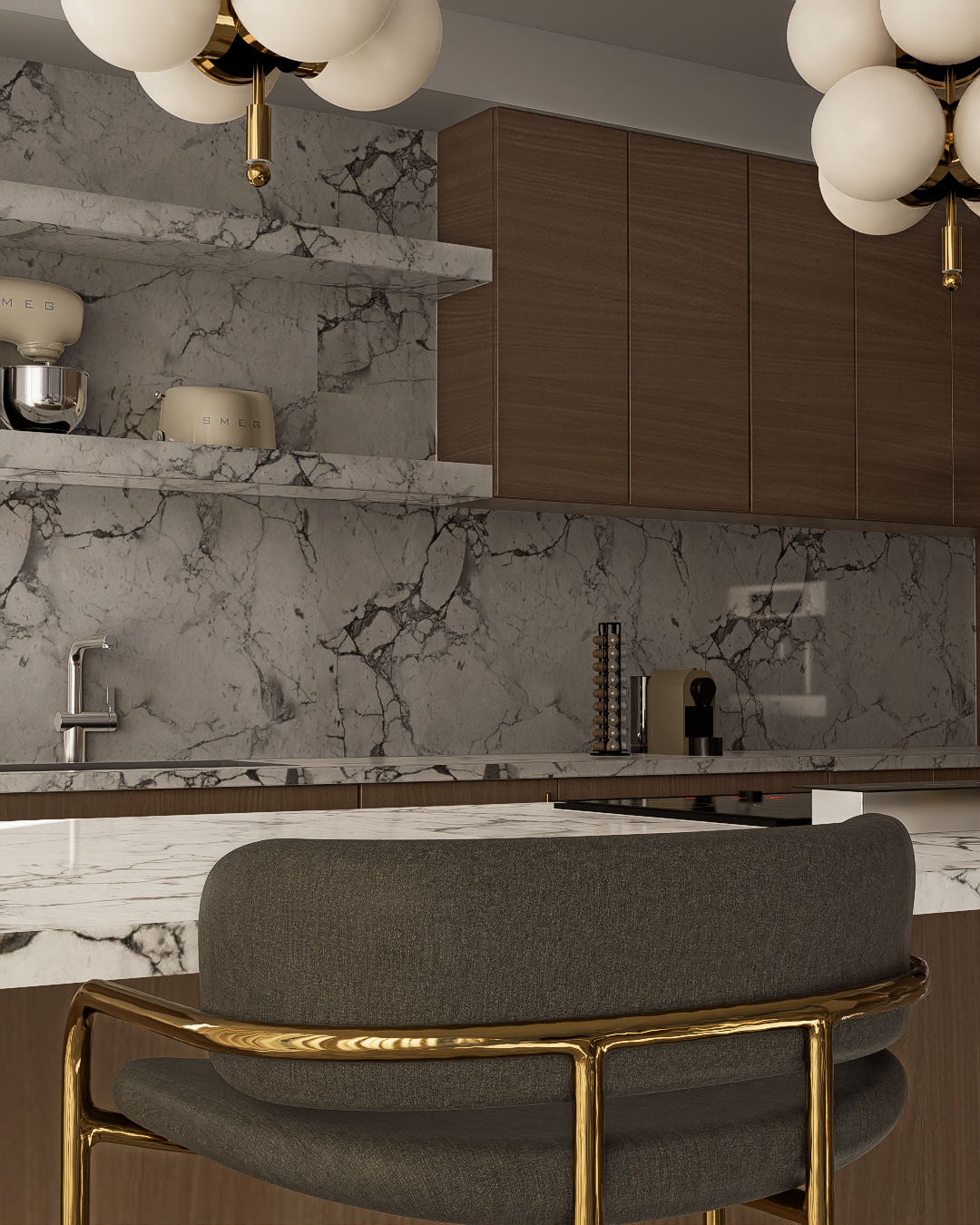 Contemporary Kitchen Design: Wood, Carrara Marble &amp; Golden Details