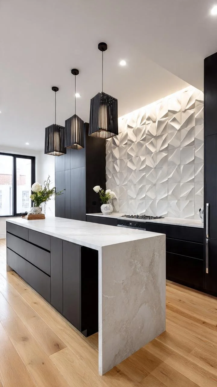 11 Imposing Kitchen Designs with Volumetric Geometric Wall Panels