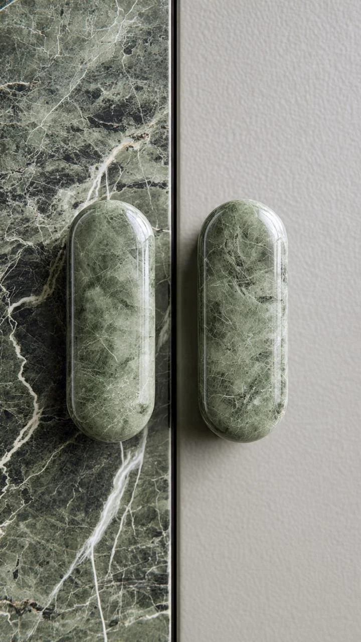 Natural Sophistication: Green Marble Handles on Pale Gray Cabinet Fronts