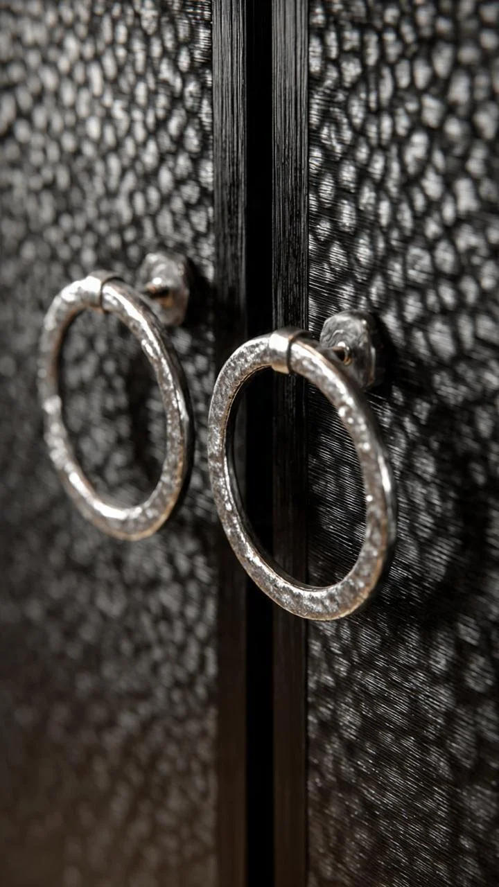 Silver and Charcoal Contrast: Circular Hardware on Textured Black Wood