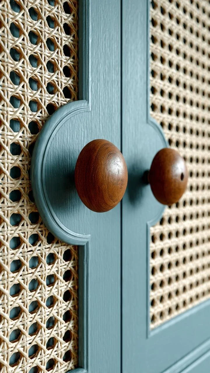 Mediterranean Charm: Woven Cane Panels and Organic Knobs in Blue Cabinetry