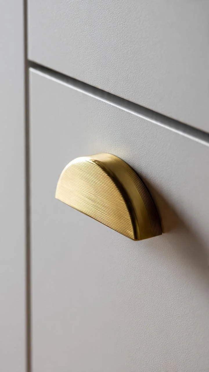 Subtle Opulence: Matte Gold Half-Moons on Sleek White Monoliths