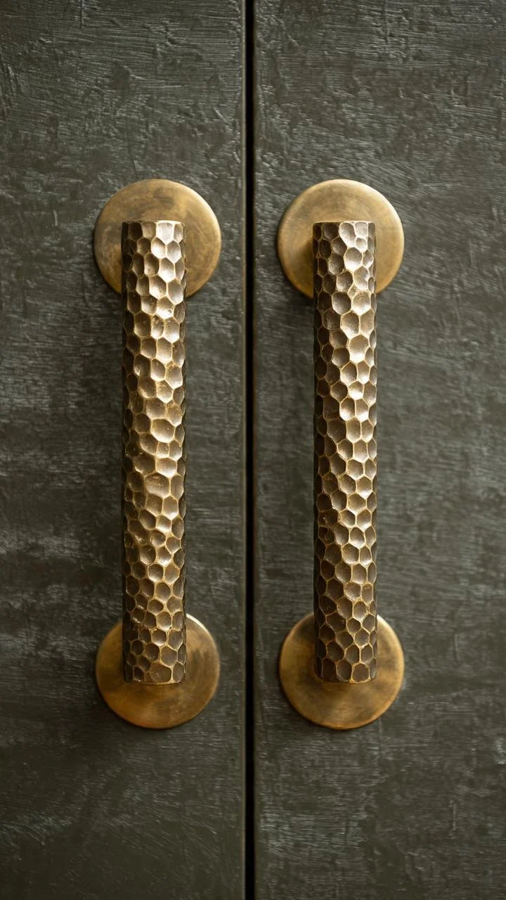 Brutalist Elegance: Textured Charcoal Surfaces and Monumental Brass Hardware.