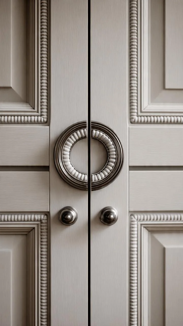 Neo-Classical Elegance: Wrought Iron Rings on Timeless Molded Cabinetry