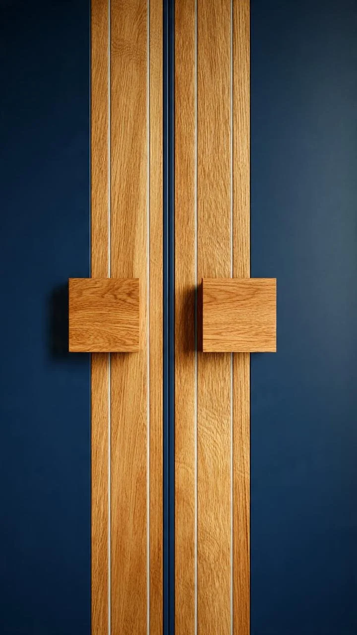 Naval Contrasts: Architectural Oak Elements on Deep Blue Cabinetry