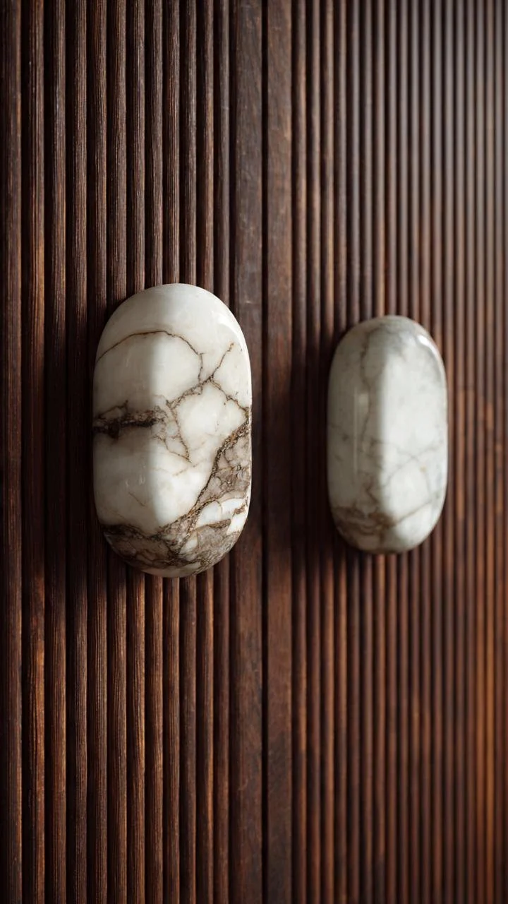 Mineral Opulence: Breccia Marble Hardware on Fluted Walnut Cabinetry