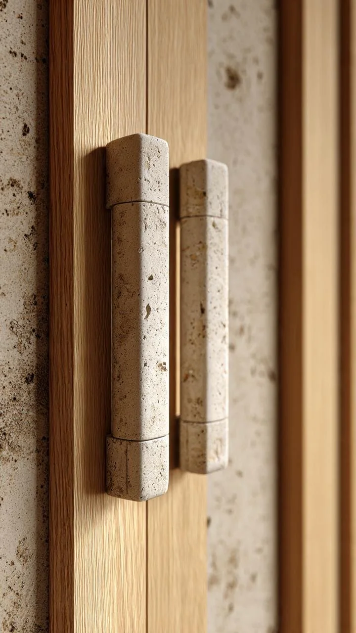 Earthy Minimalism: Travertine Hardware on Natural Oak Cabinetry