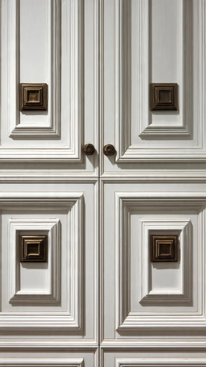 Architectural Shadows: Ornate Bronze Squares on Classic Paneled Cabinetry