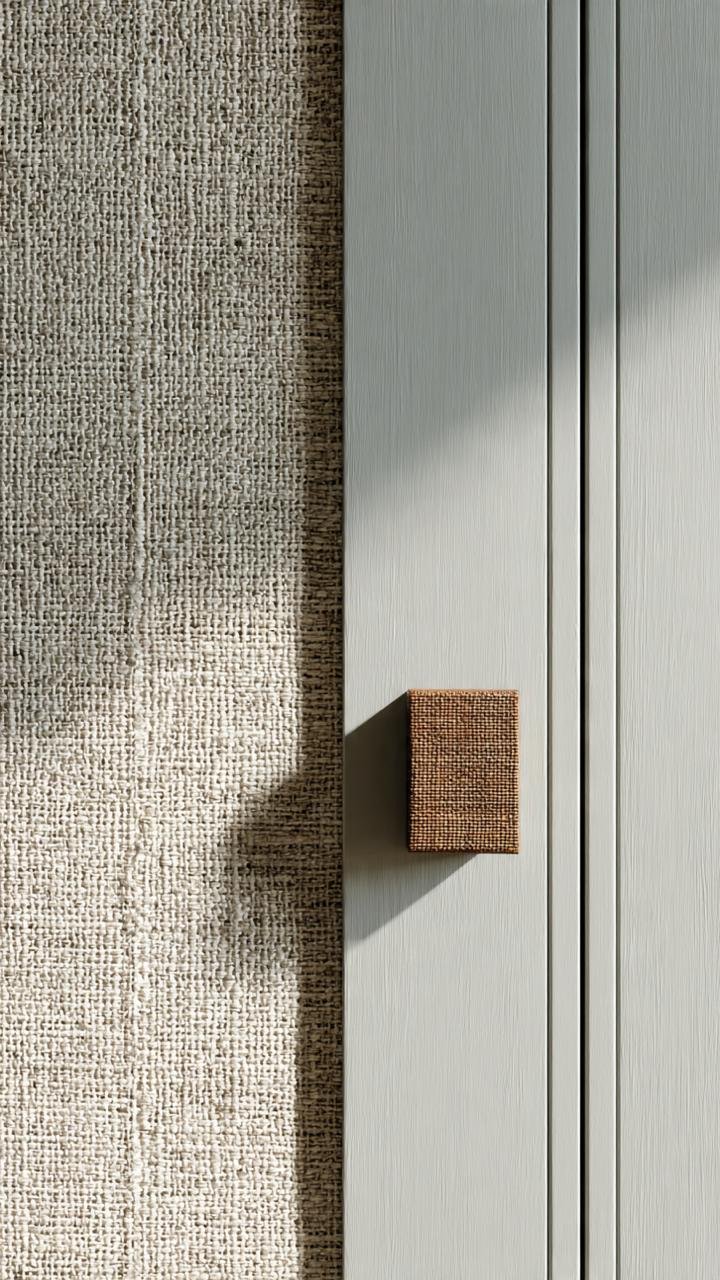 Textured Serenity: Minimalist Stone Knobs on Woven Grasscloth Cabinetry