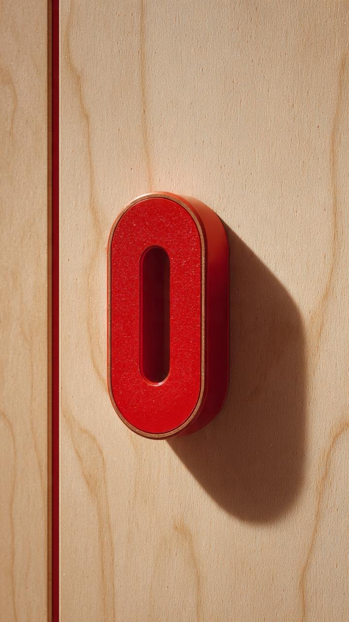Vibrant Accents: Crimson Lacquered Hardware on Natural Plywood Cabinetry
