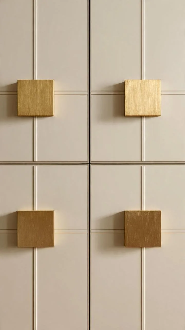 Geometric Opulence: Sculptural Brass Blocks on Serene Beige Cabinetry