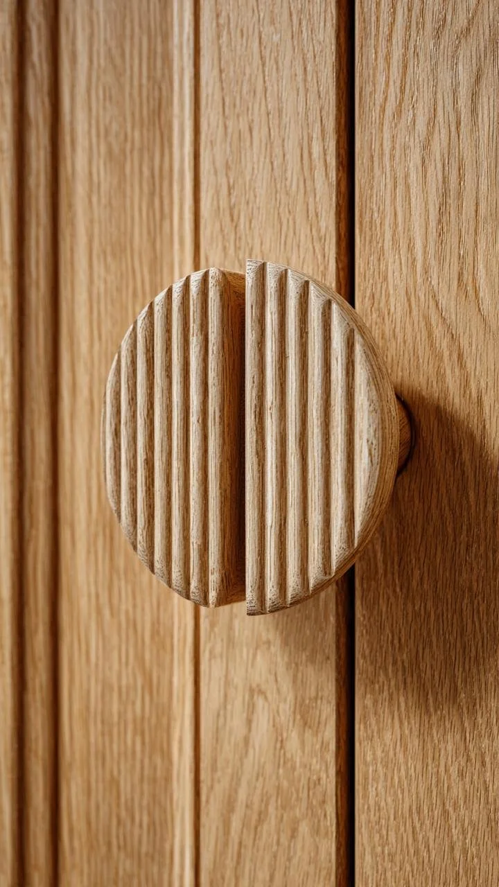 Organic Rhythm: Sculptural Wooden Discs on Linear Fluted Oak Cabinetry