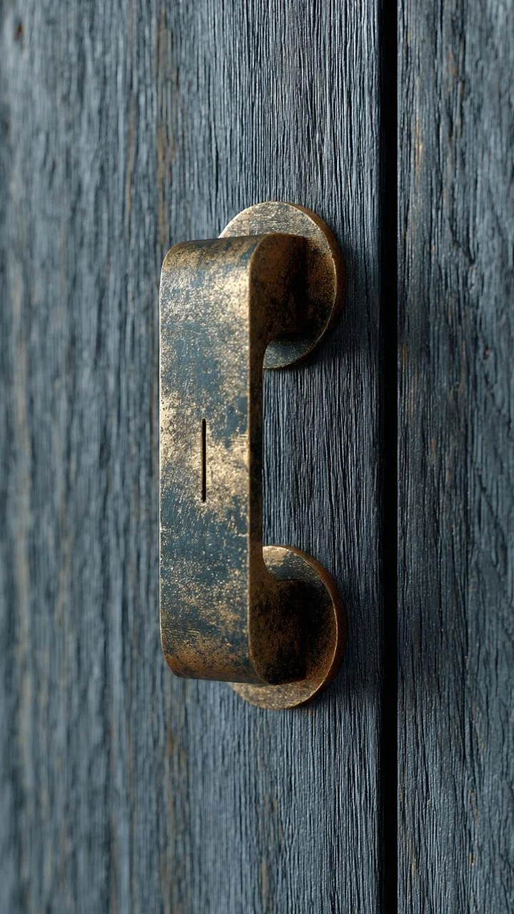 Antique Contrast: Sculptural Wabi-Sabi Brass on Charred Oak Cabinetry