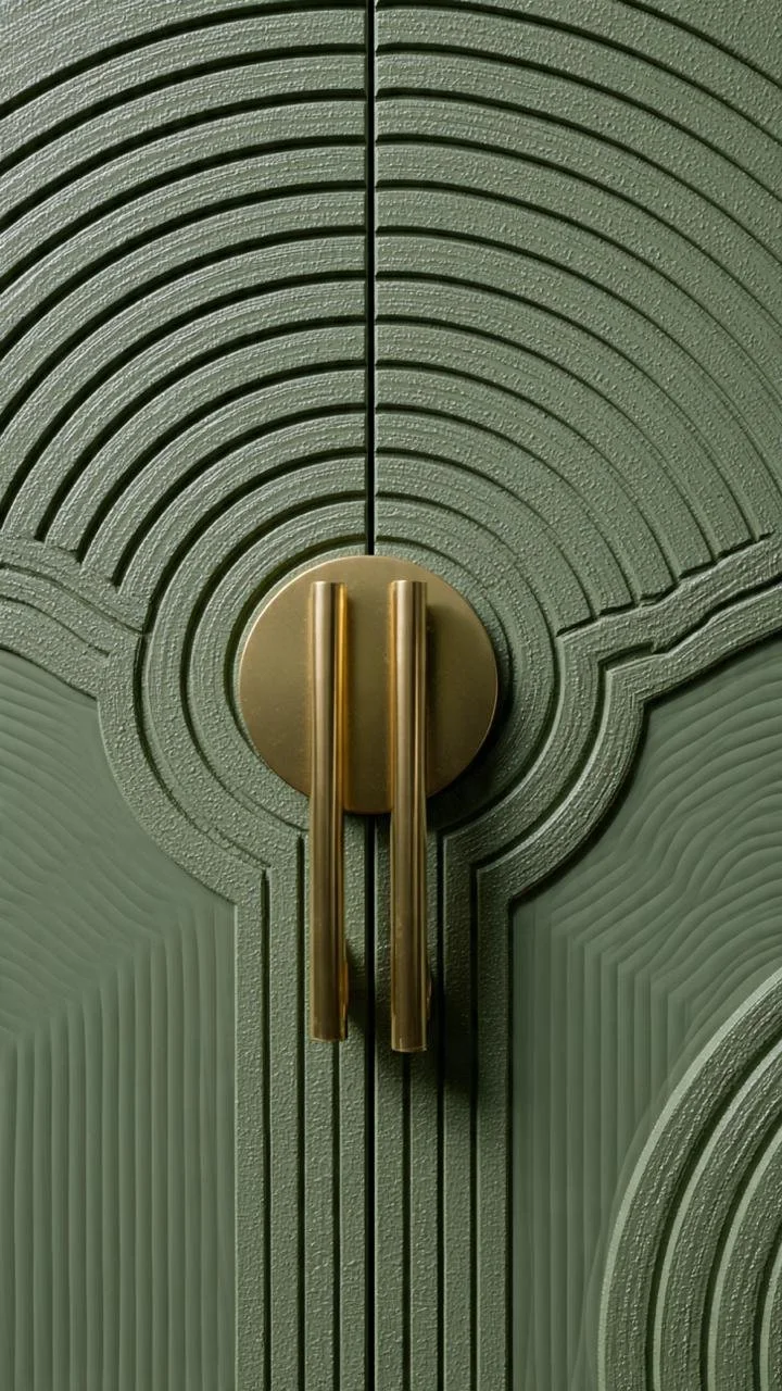  Sage and Sculpture: Modern Architectural Paneling with Fluted Grids and Brushed Gold Hardware
