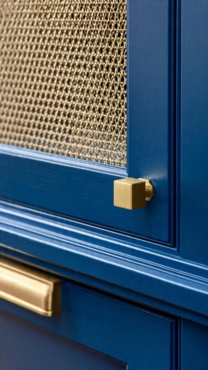  Coastal Elegance: Deep Cobalt Cabinetry with Natural Rattan Weave and Brass Accents