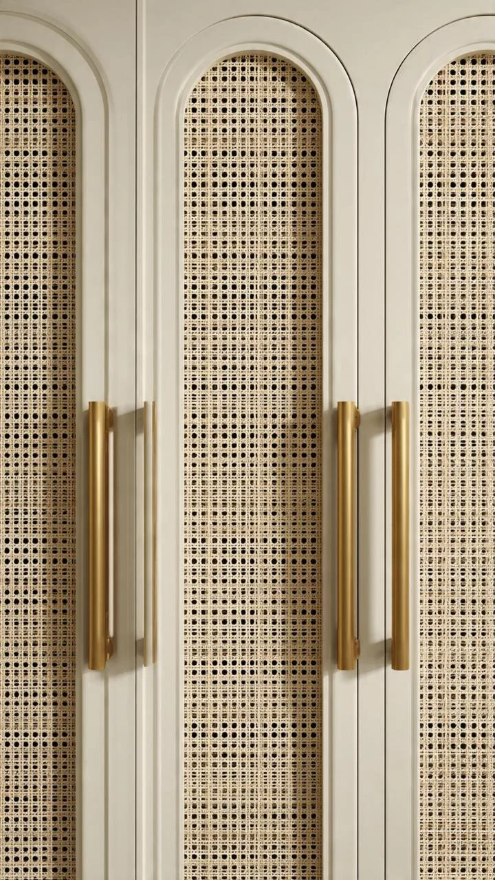 Arched Rattan Cabinetry with Brushed Gold Hardware