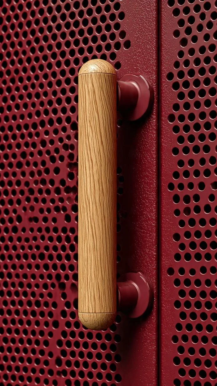 Industrial Perforated Red Cabinetry with Organic Wooden Hardware