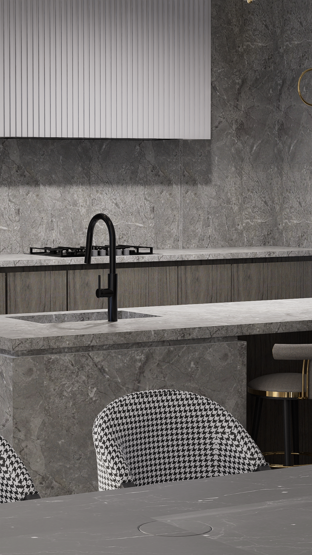 Contemporary Grey Stone and Fluted Minimalist Kitchens